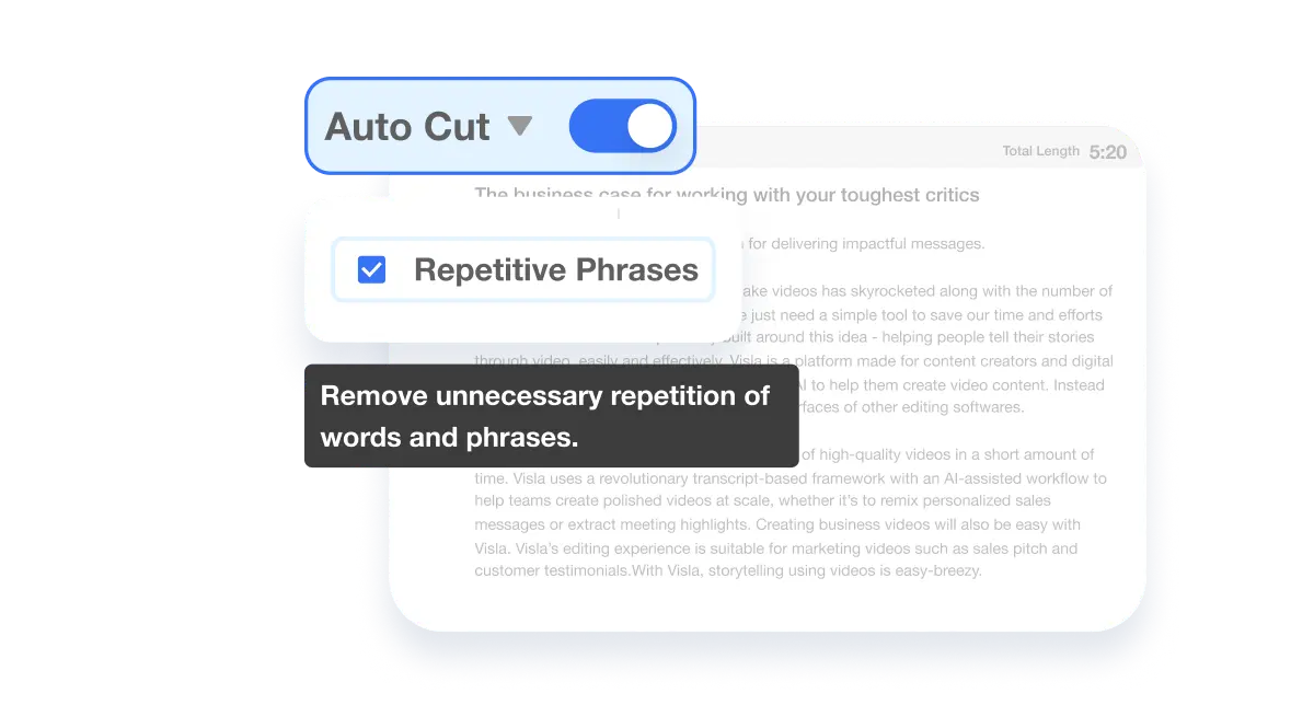 Visla's tool to say goodbye to repetitive phrases and remove filler words from video transcripts, enhancing speech clarity.